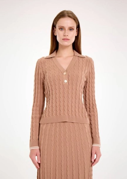 Saç Örgü Kontrast Çizgili Camel Triko - 1