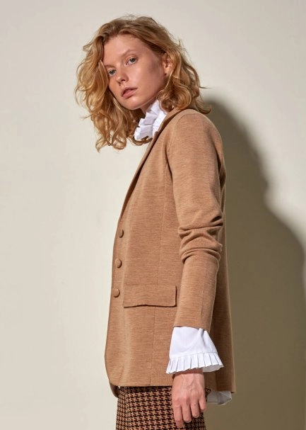 Saf İtalyan Yün Camel Blazer Triko Ceket - 3