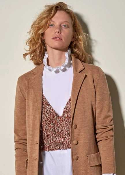 Saf İtalyan Yün Camel Blazer Triko Ceket - 4