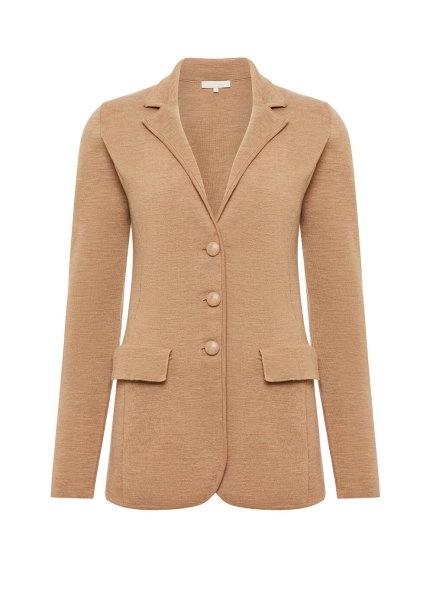 Saf İtalyan Yün Camel Blazer Triko Ceket - 6