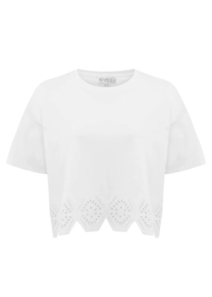 Saf Pamuk Brode Nakışlı Beyaz T-Shirt - 6