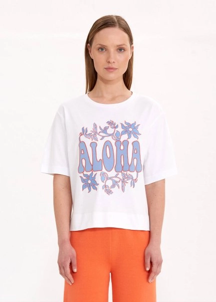 Saf Pamuk Mavi Nakışlı Aloha T-Shirt - 1