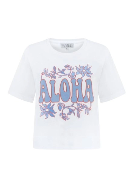 Saf Pamuk Mavi Nakışlı Aloha T-Shirt - 6