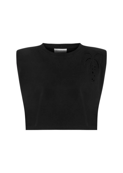 Saf Pamuk Palmiye Nakışlı Siyah T-Shirt - 6