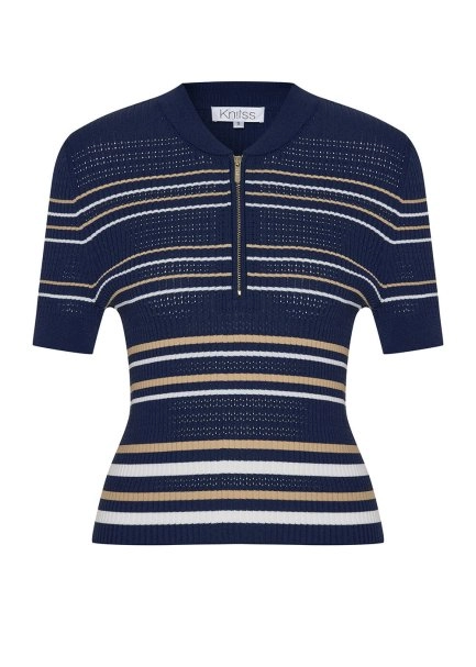 SAND WHITE STRIPE NAVY KNIT TOP - 6