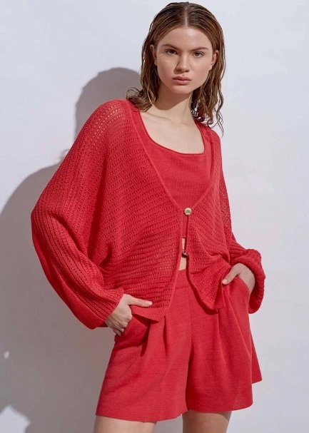 Seashell Button Linen Coral Knit Cardigan - 1