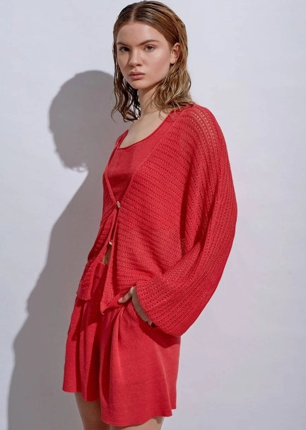 Seashell Button Linen Coral Knit Cardigan - 3