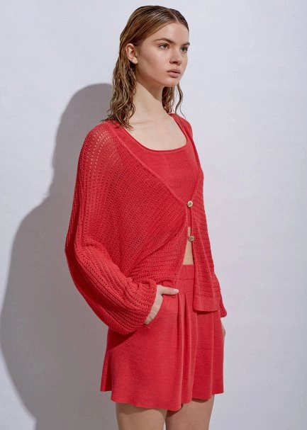 Seashell Button Linen Coral Knit Cardigan - 5