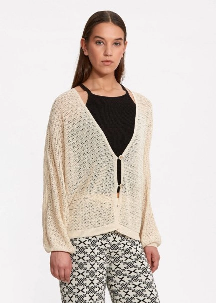 Seashell Button Linen Sand Knit Cardigan - 3