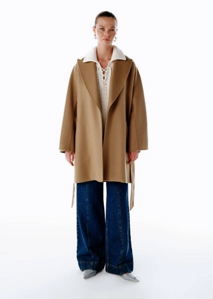 SELF BELTED WOOL COAT CAMEL - 4