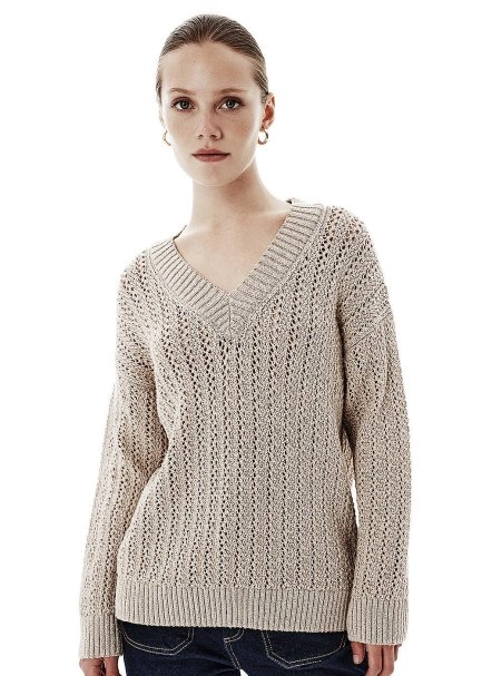 Shiny Ajour Knit Relax Fit Beige Sweater - 3