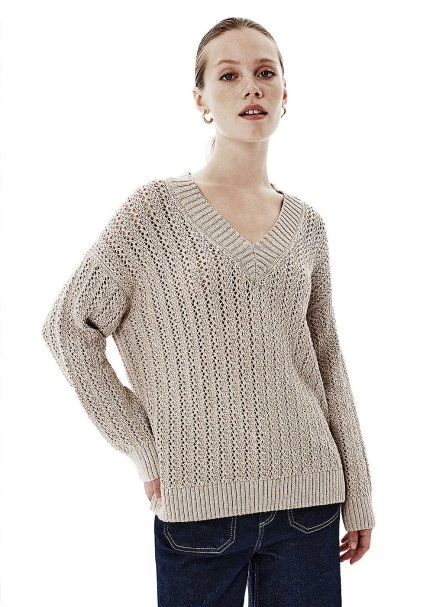 Shiny Ajour Knit Relax Fit Beige Sweater - 4