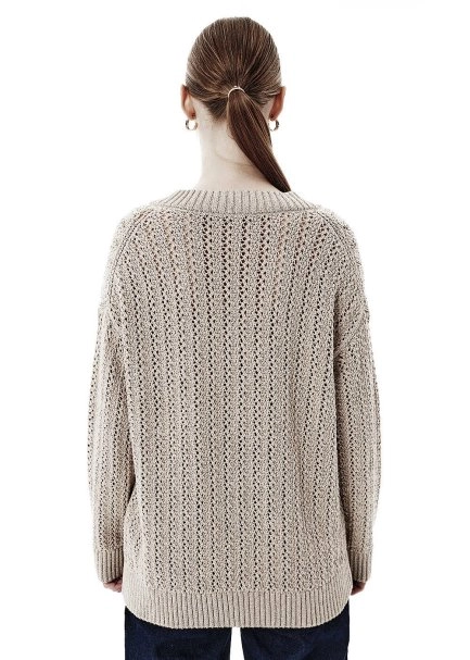 Shiny Ajour Knit Relax Fit Beige Sweater - 5