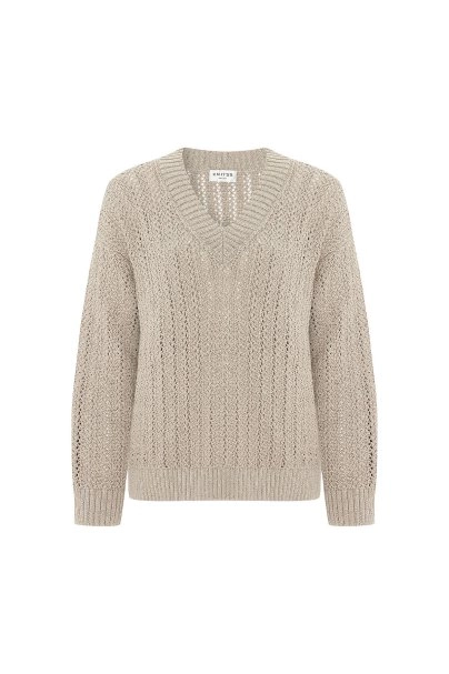 Shiny Ajour Knit Relax Fit Beige Sweater - 6