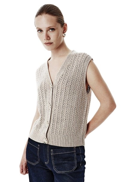 Shiny Ajour Knit Relax Fit Beige Vest - 4