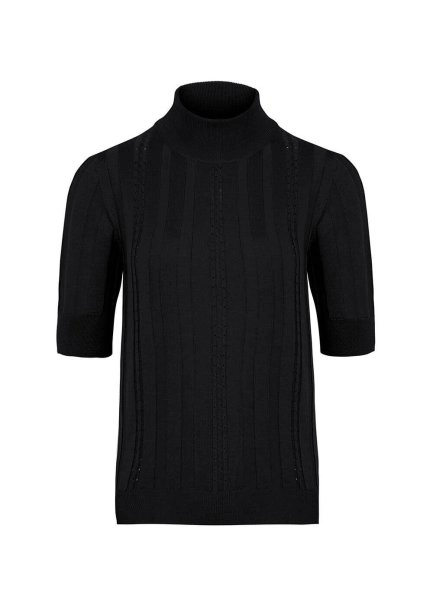 Short Sleeve Mock Neck Merino Wool Black Knıt Top - 6