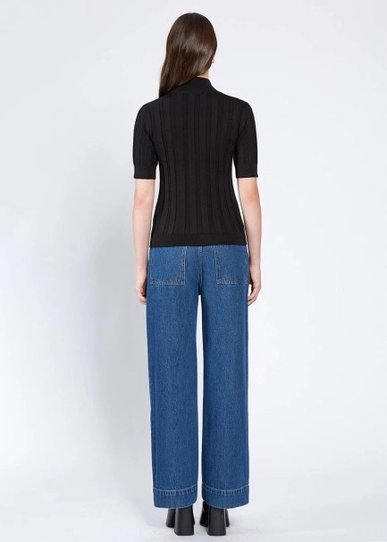 Short Sleeve Mock Neck Merino Wool Black Knıt Top - 5