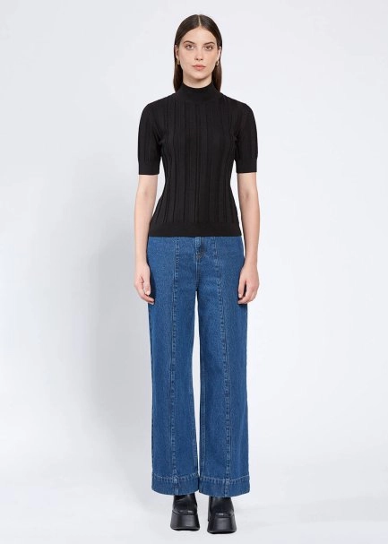 Short Sleeve Mock Neck Merino Wool Black Knıt Top - 2