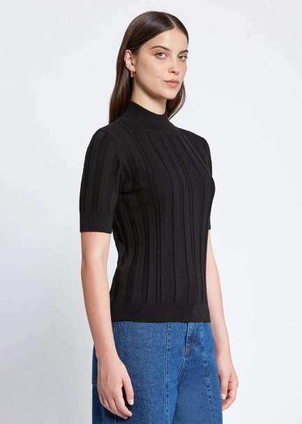 Short Sleeve Mock Neck Merino Wool Black Knıt Top - 3