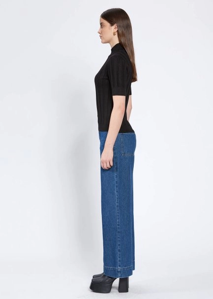 Short Sleeve Mock Neck Merino Wool Black Knıt Top - 4