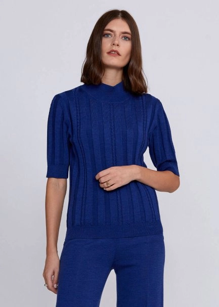 Short Sleeve Mock Neck Merino Wool Blue Knıt Top - 1