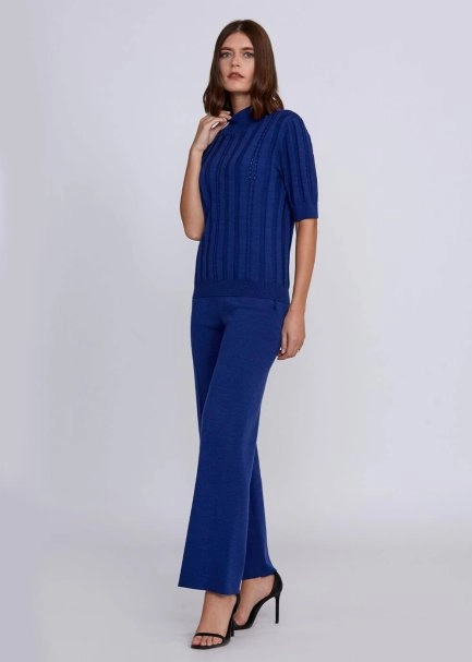 Short Sleeve Mock Neck Merino Wool Blue Knıt Top - 2