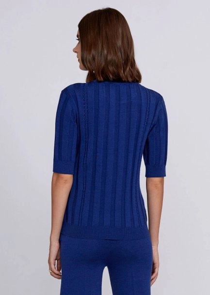 Short Sleeve Mock Neck Merino Wool Blue Knıt Top - 3