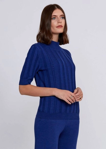 Short Sleeve Mock Neck Merino Wool Blue Knıt Top - 4