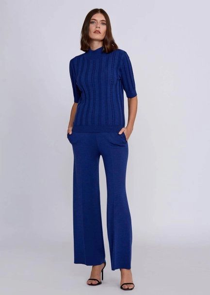 Short Sleeve Mock Neck Merino Wool Blue Knıt Top - 5