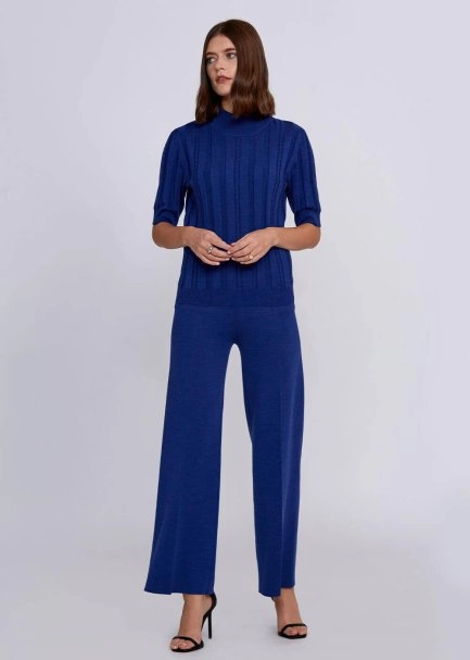 Short Sleeve Mock Neck Merino Wool Blue Knıt Top - 6