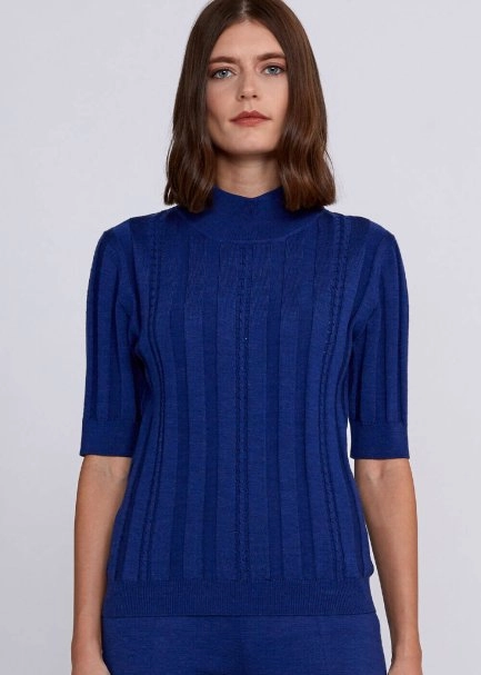 Short Sleeve Mock Neck Merino Wool Blue Knıt Top - 7