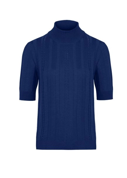 Short Sleeve Mock Neck Merino Wool Blue Knıt Top - 8