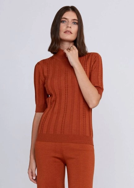 Short Sleeve Mock Neck Merino Wool Copper Knıt Top - 1