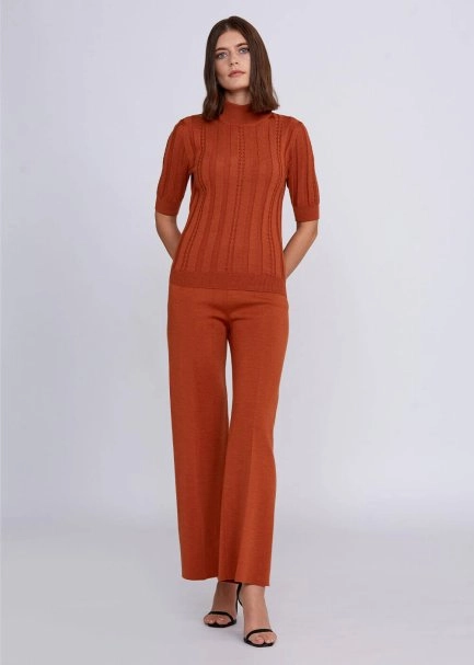 Short Sleeve Mock Neck Merino Wool Copper Knıt Top - 2