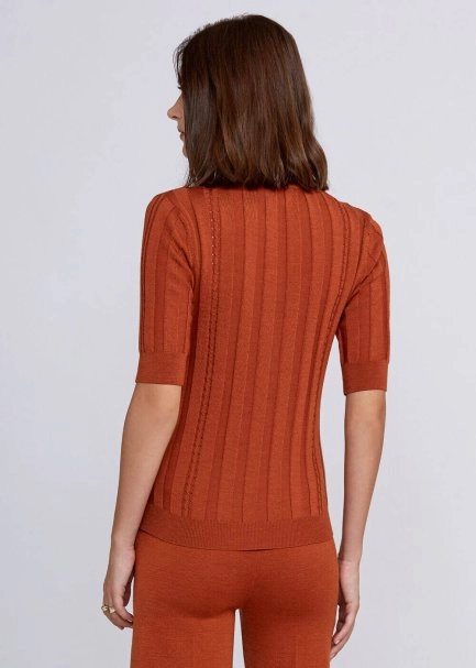 Short Sleeve Mock Neck Merino Wool Copper Knıt Top - 3