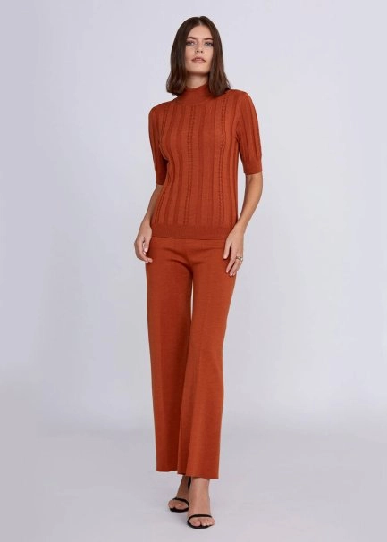 Short Sleeve Mock Neck Merino Wool Copper Knıt Top - 5