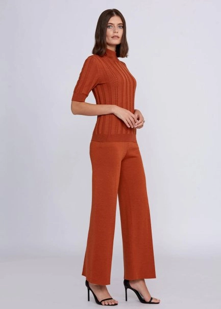 Short Sleeve Mock Neck Merino Wool Copper Knıt Top - 6