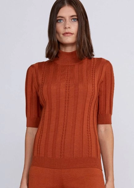 Short Sleeve Mock Neck Merino Wool Copper Knıt Top - 7
