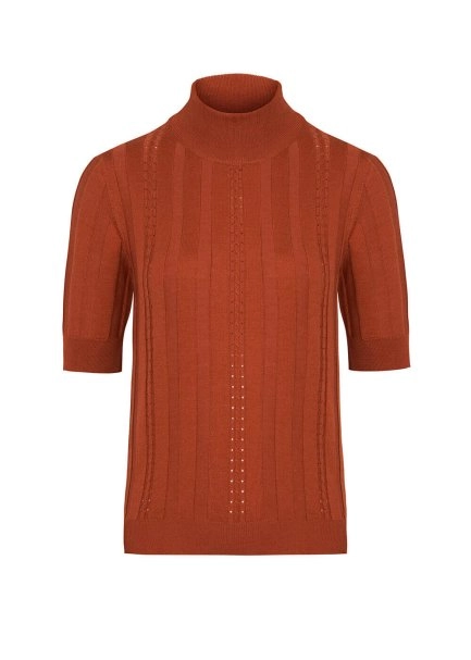 Short Sleeve Mock Neck Merino Wool Copper Knıt Top - 8