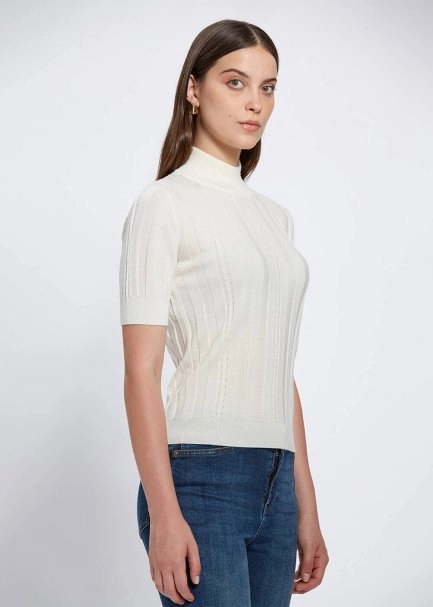 Short Sleeve Mock Neck Merino Wool Ecru Knıt Top - 3