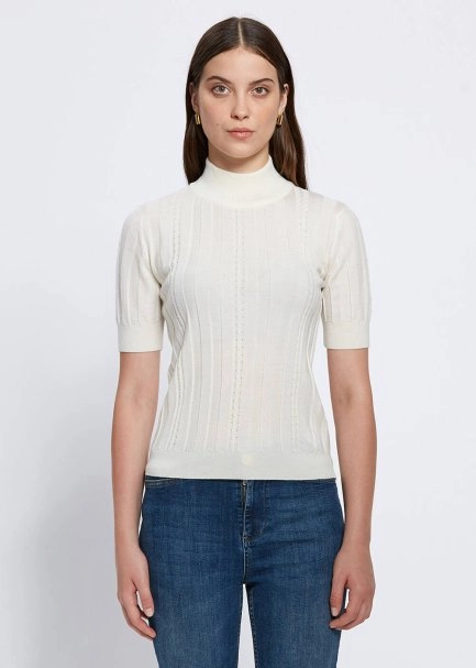 Short Sleeve Mock Neck Merino Wool Ecru Knıt Top - 1