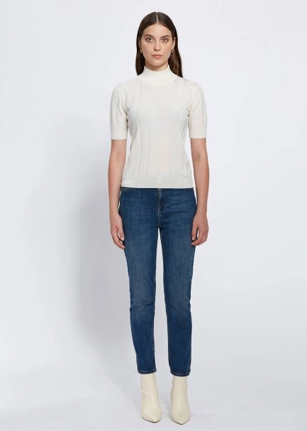 Short Sleeve Mock Neck Merino Wool Ecru Knıt Top - 2