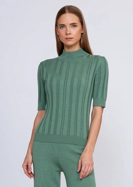 Short Sleeve Mock Neck Merino Wool Jade Knıt Top - 1