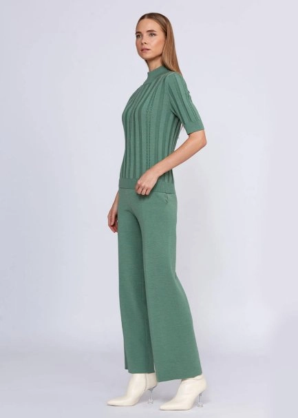 Short Sleeve Mock Neck Merino Wool Jade Knıt Top - 2