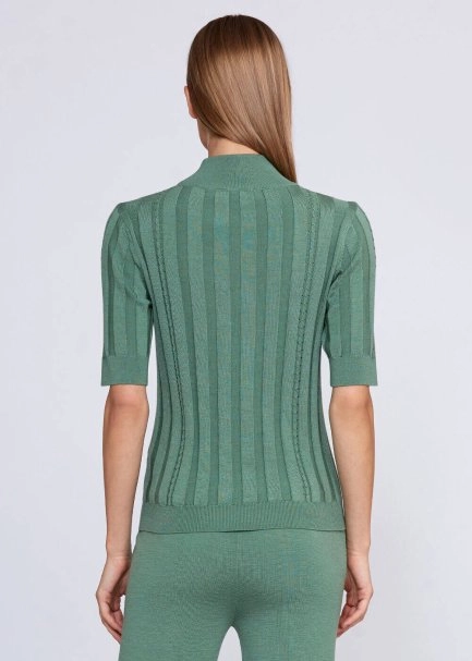 Short Sleeve Mock Neck Merino Wool Jade Knıt Top - 3