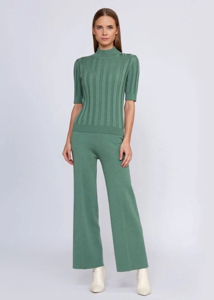 Short Sleeve Mock Neck Merino Wool Jade Knıt Top - 5