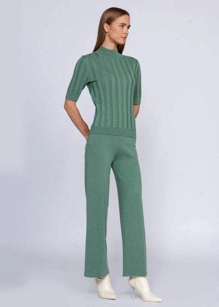 Short Sleeve Mock Neck Merino Wool Jade Knıt Top - 6