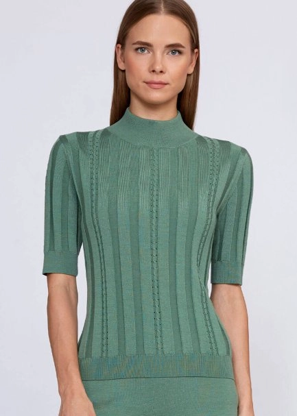Short Sleeve Mock Neck Merino Wool Jade Knıt Top - 7