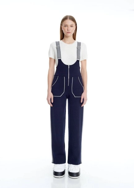 Side Stripe Detailed Navy Extrafine Merino Knit Jumpsuit - 1