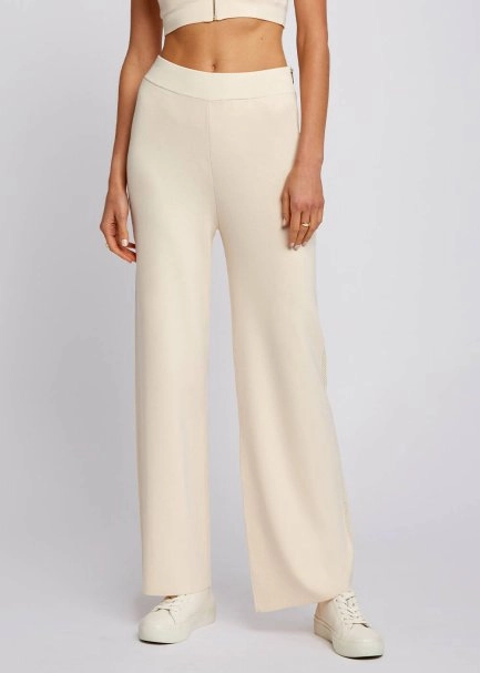 Side Zip Straight Leg Cream Knit Pants - 1